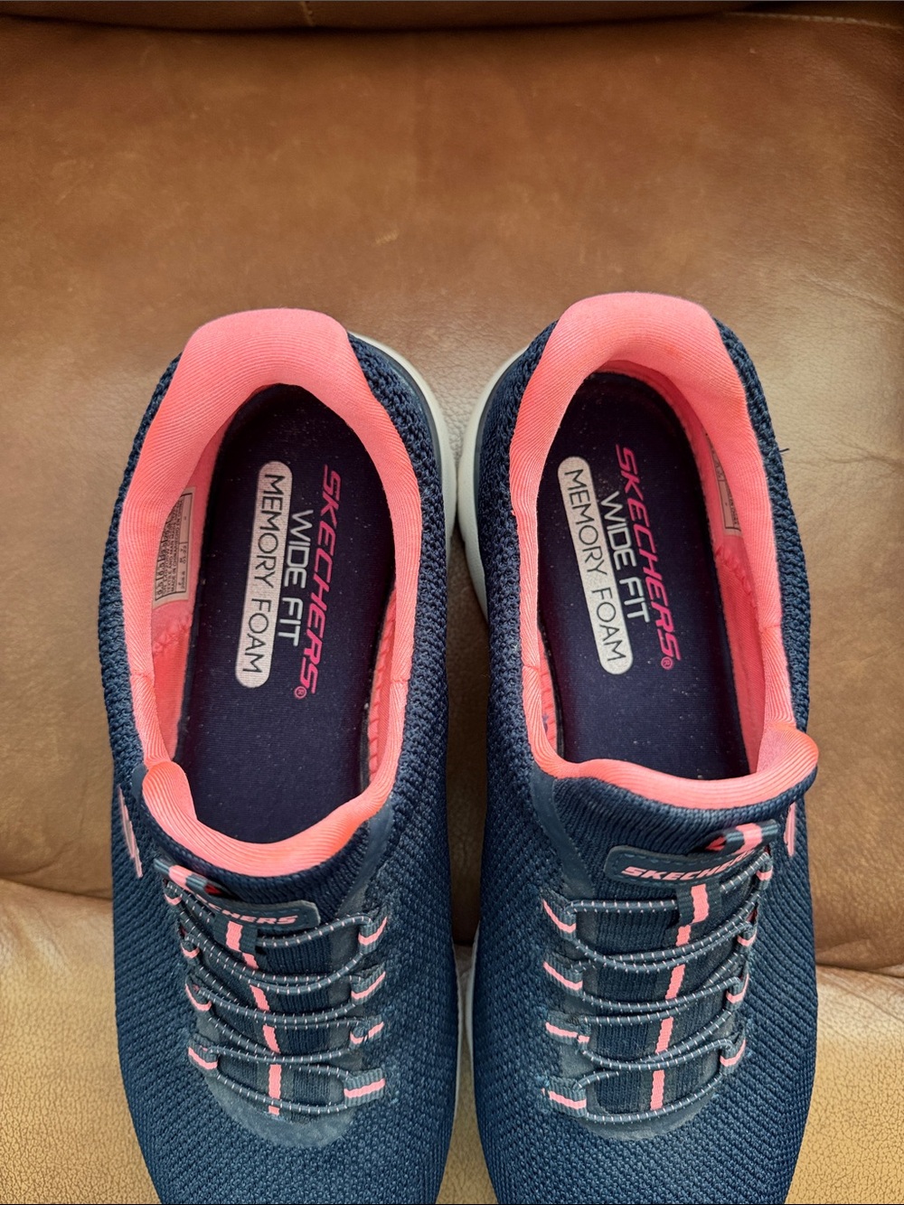 Skechers Navy Slip-On Wide Fit Knit Sneakers with Coral Accents - Picture 2 of 6